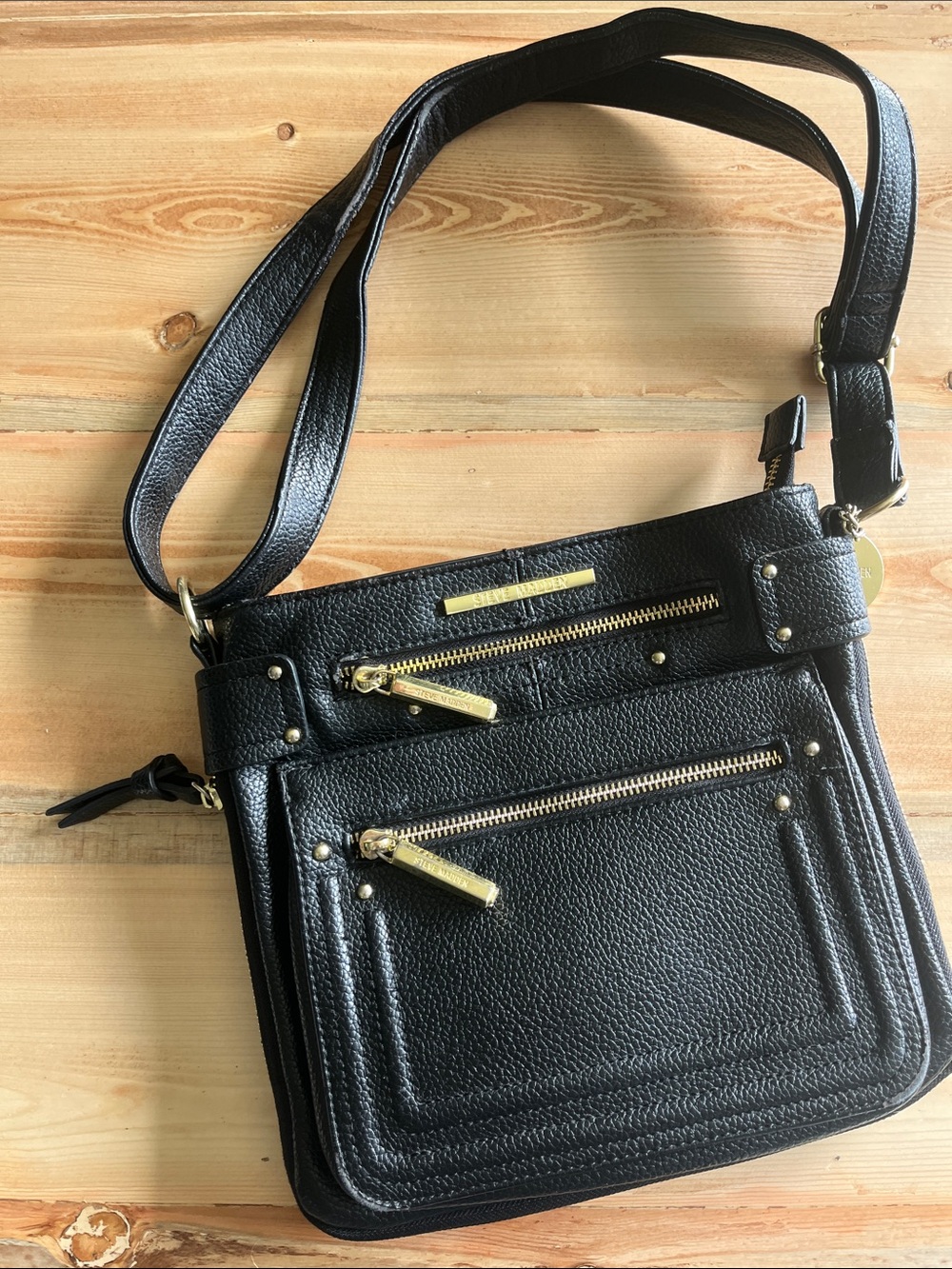 Steve Madden Black Pebbled Faux Leather Crossbody with Gold Hardware